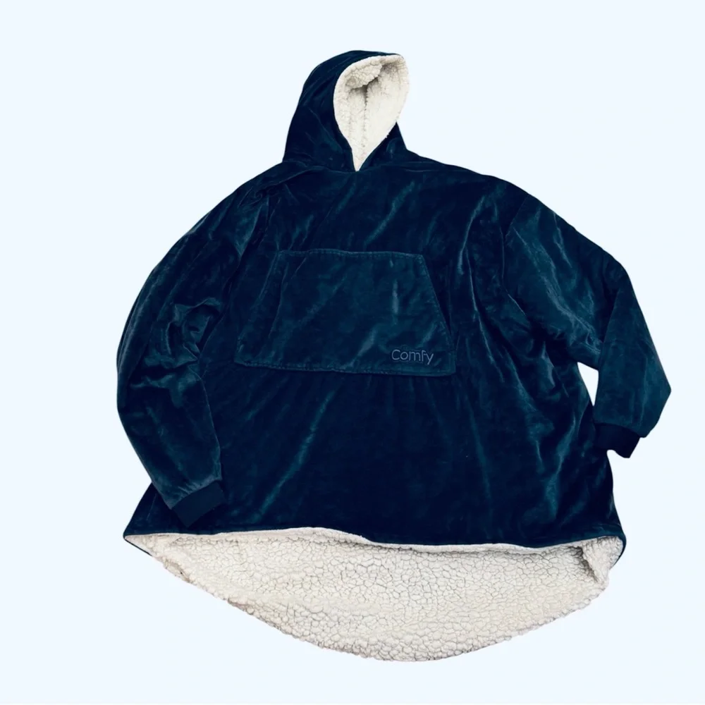Comfy Wearable Blanket Hoodie Sweatshirt Fleece Sherpa Lined Oversized Navy Blue
